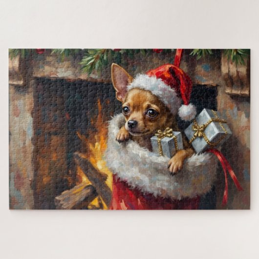 Chihuahua Dog Christmas Stocking Surprise Art Puzzle (Horizontal)