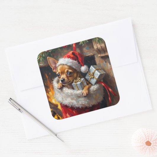 Chihuahua Dog Christmas Stocking Surprise Art Quadratischer Aufkleber (Umschlag)