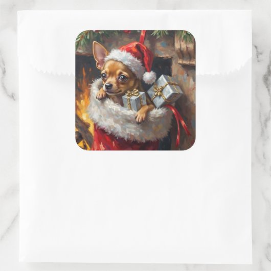 Chihuahua Dog Christmas Stocking Surprise Art Quadratischer Aufkleber (Tasche)