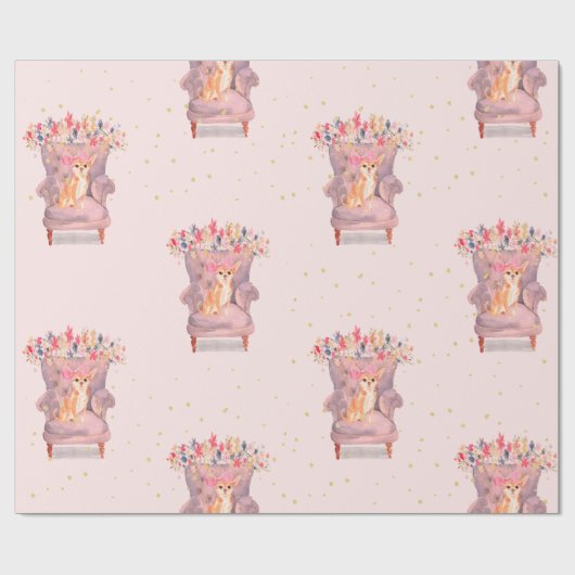 Chihuahua Dog Floral Pink Gold Spots Geschenkpapier (Flach)