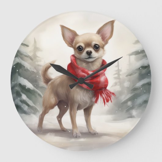 Chihuahua Dog in Schnee Weihnachten Große Wanduhr (Vorderseite)