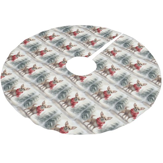 Chihuahua Dog in Schnee Weihnachten Polyester Weihnachtsbaumdecke (Schrägansicht)