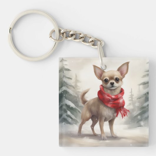 Chihuahua Dog in Schnee Weihnachten Schlüsselanhänger (Vorderseite)