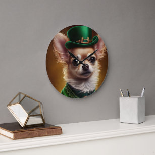 Chihuahua Dog in St. Patrick's Day Dress Große Wanduhr