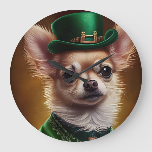 Chihuahua Dog in St. Patrick's Day Dress Große Wanduhr (Vorderseite)