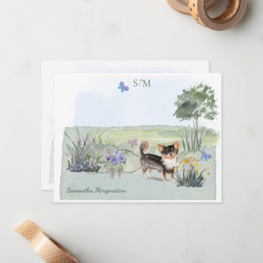 Chihuahua Dog Monogram & Name Mitteilungskarte (Vorderseite/Rückseite Beispiel)