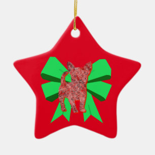 Chihuahua Dog Silhouette Red & Green Bow Weihnacht Keramik Ornament