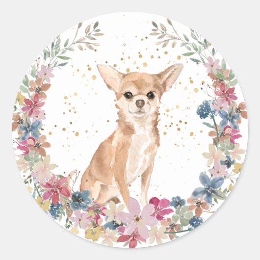 Chihuahua Dog Spring Blumen Wreath Runder Aufkleber (Vorderseite)