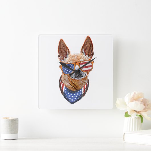 Chihuahua Dog USA Unabhängigkeit 4. Juli Quadratische Wanduhr (Zuhause)