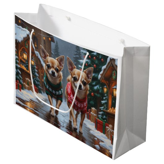 Chihuahua Dogs Christmas Snow Holiday Große Geschenktüte (Vorderseite Schrägansicht)