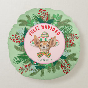 Chihuahua Feliz Navidad Happy Hollidays Kranz Rundes Kissen