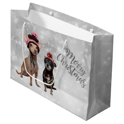 Chihuahua-frohe Weihnachten Große Geschenktüte (Vorderseite Schrägansicht)
