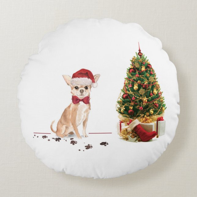 Chihuahua Funny Christmas Dog mit Baum Rundes Kissen (Vorderseite)