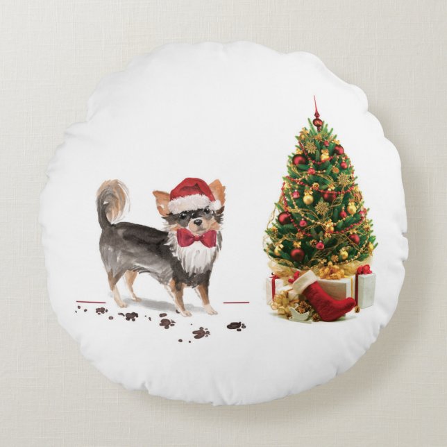 Chihuahua Funny Christmas Dog Tree Rundes Kissen (Vorderseite)
