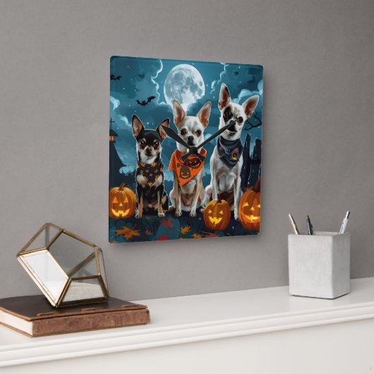 Chihuahua Halloween Spooky Quadratische Wanduhr (Büro)
