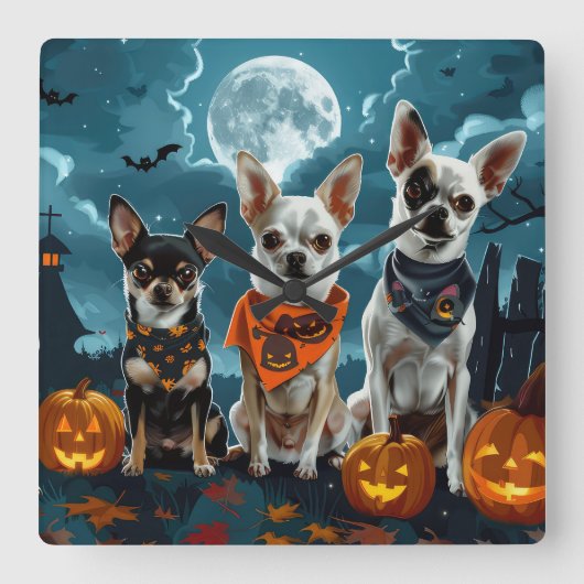 Chihuahua Halloween Spooky Quadratische Wanduhr (Vorderseite)