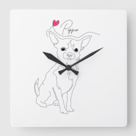 Chihuahua-Haustier-Linienkunst mit Namen Quadratische Wanduhr