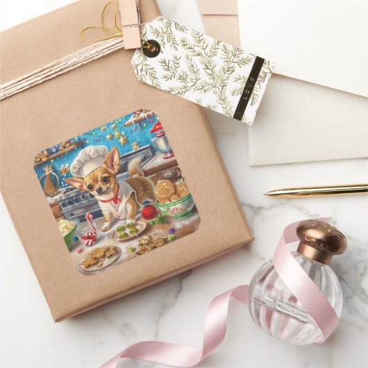 Chihuahua Holiday Baking: Feierliche Weihnachten Quadratischer Aufkleber (Schenken)