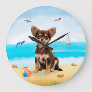 Chihuahua-Hund am Strand Große Wanduhr