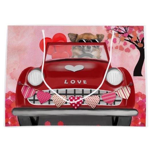 Chihuahua Hund Auto mit Herz Valentins Große Geschenktüte (Vorderseite)