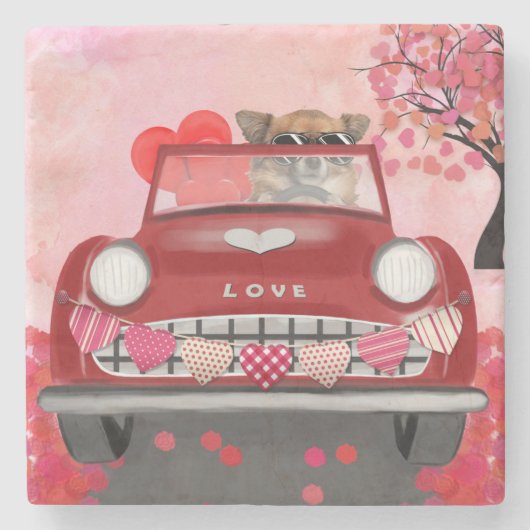 Chihuahua Hund Auto mit Herz Valentins Steinuntersetzer (Vorderseite)