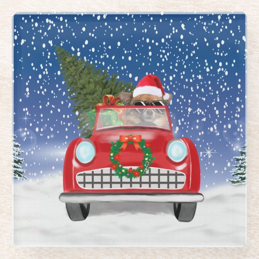 Chihuahua Hund Autofahren Auto im Schnee Weihnacht Glasuntersetzer (Vorderseite)