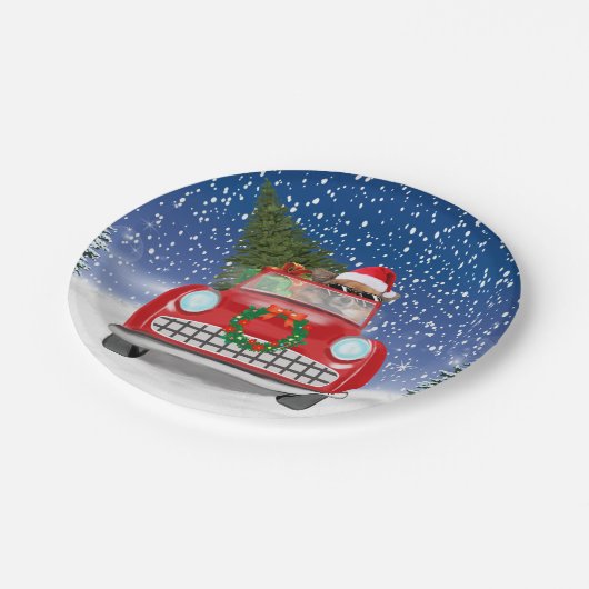 Chihuahua Hund Autofahren Auto im Schnee Weihnacht Pappteller (Schrägansicht)