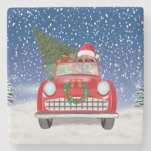 Chihuahua Hund Autofahren Auto im Schnee Weihnacht Steinuntersetzer (Vorderseite)