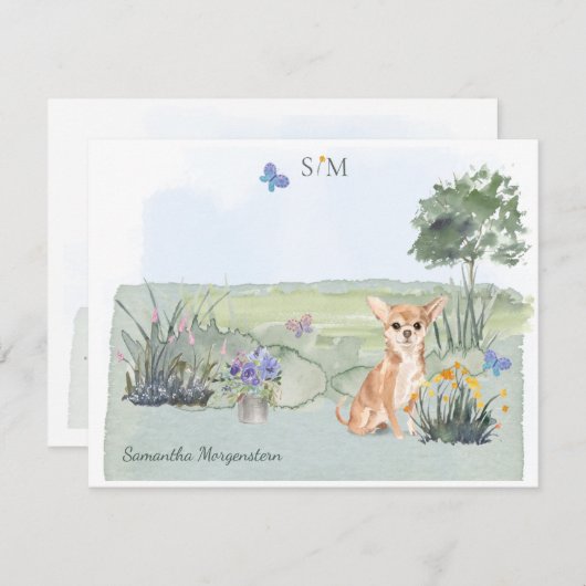 Chihuahua Hund Butterfly Meadow Monogram Name Mitteilungskarte (Vorne/Hinten)