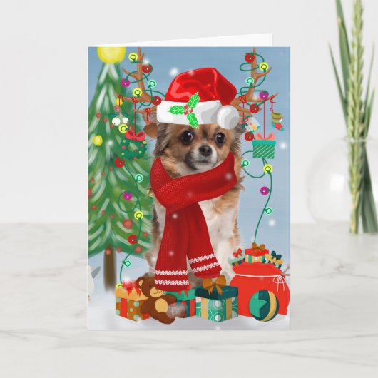 Chihuahua Hund im Schnee mit Weihnachtsgeschenken Karte (Vorderseite)