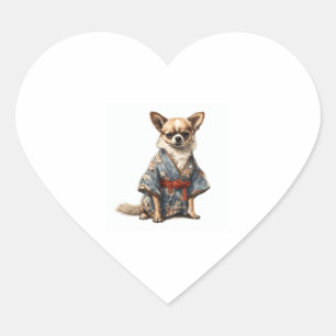Chihuahua Hund in japanischer Kimono Robe Illustra Herz-Aufkleber