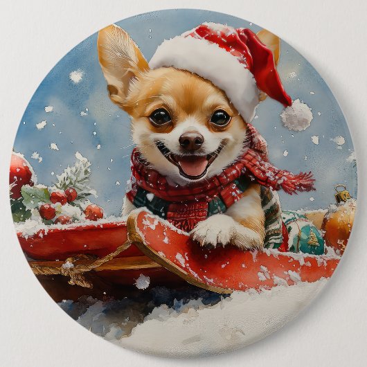 Chihuahua Hund in Sledge Let it Schnee Weihnachten Button (Vorderseite)