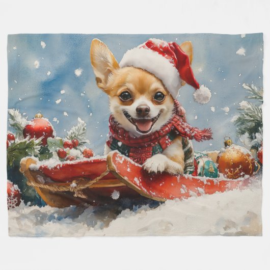 Chihuahua Hund in Sledge Let it Schnee Weihnachten Fleecedecke (Vorderseite (Horizontal))