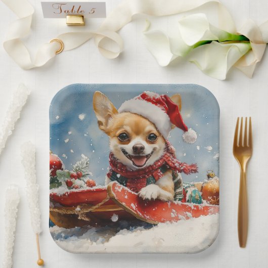 Chihuahua Hund in Sledge Let it Schnee Weihnachten Pappteller (Hochzeit)
