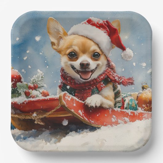 Chihuahua Hund in Sledge Let it Schnee Weihnachten Pappteller (Vorderseite)