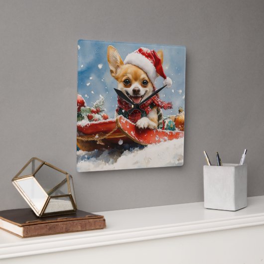 Chihuahua Hund in Sledge Let it Schnee Weihnachten Quadratische Wanduhr (Büro)