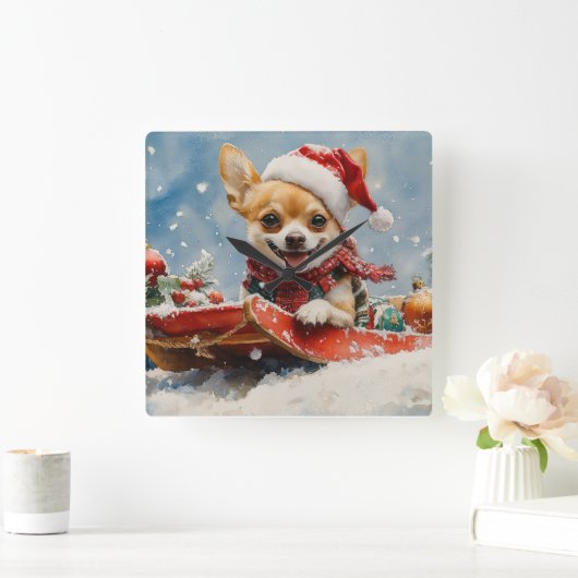 Chihuahua Hund in Sledge Let it Schnee Weihnachten Quadratische Wanduhr (Zuhause)