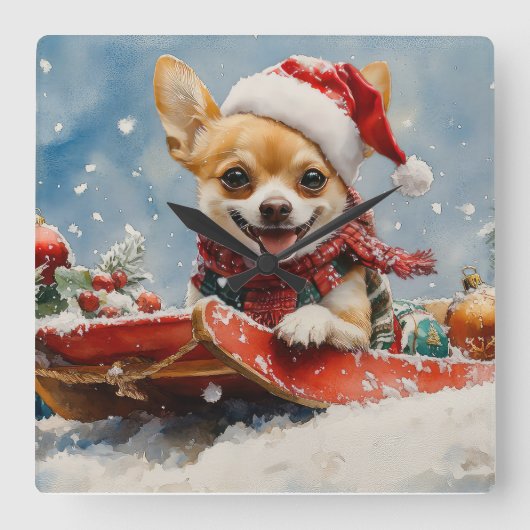 Chihuahua Hund in Sledge Let it Schnee Weihnachten Quadratische Wanduhr (Vorderseite)