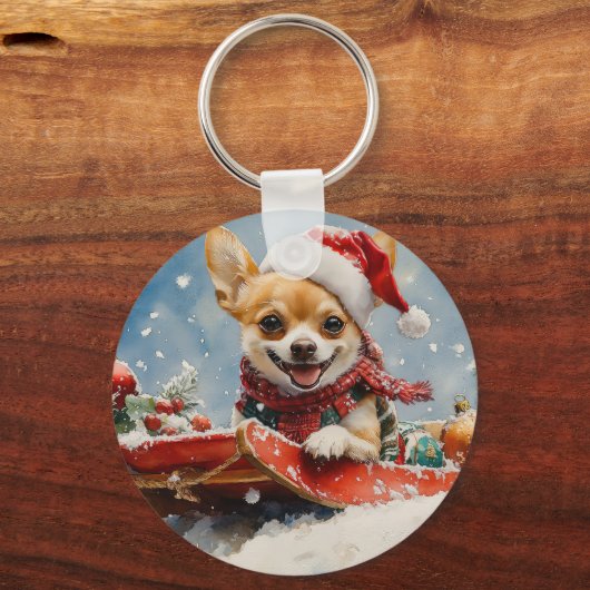 Chihuahua Hund in Sledge Let it Schnee Weihnachten Schlüsselanhänger (Vorderseite)