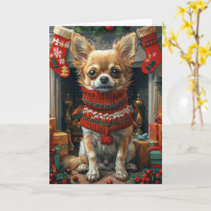 Chihuahua-Hund mit Weihnachtsgeschenken am Kamin Karte