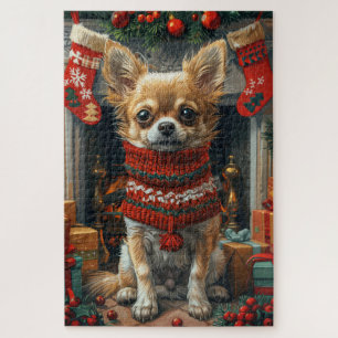 Chihuahua-Hund mit Weihnachtsgeschenken am Kamin Puzzle