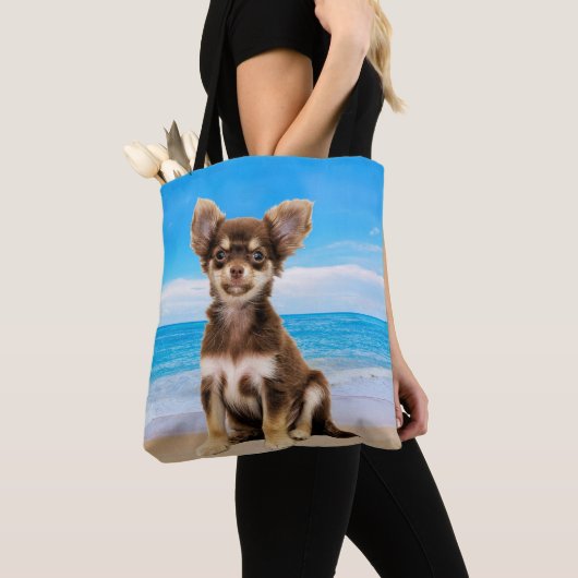 Chihuahua Hund sitzt am tropischen Strand Tasche (Von Nahem)