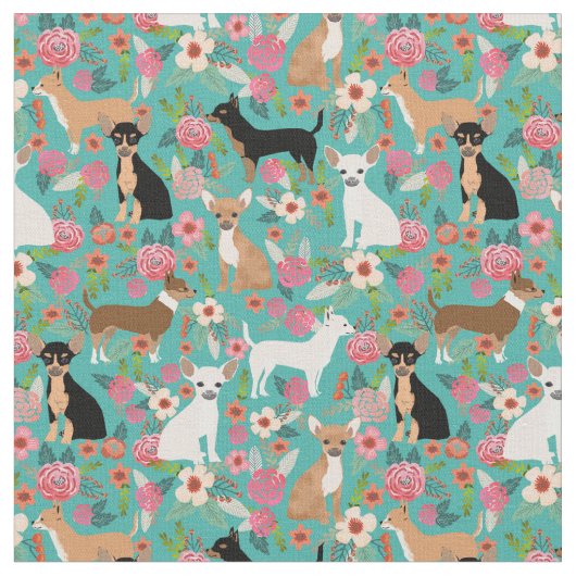 Chihuahua Hunde Vintagen Blumen türkis Stoff (Nahaufnahme)