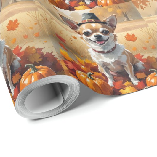 Chihuahua im Herbst hinterlässt Erntedank Kunst Geschenkpapier (Rolleneckpunkt)