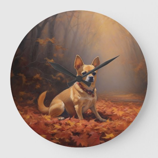 Chihuahua im Herbst Leaves Fall Inspiriert Große Wanduhr (Vorderseite)