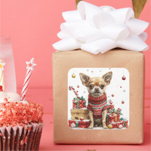Chihuahua im Pullover mit Geschenkboxen Quadratischer Aufkleber