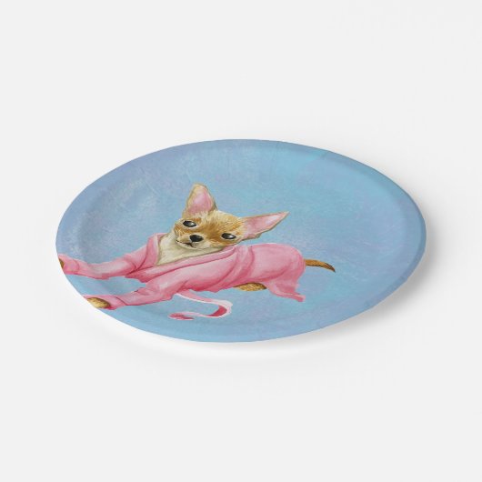 Chihuahua im rosa Bademantel-Papier-Party-Teller Pappteller (Schrägansicht)