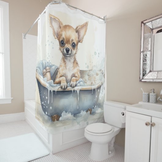 Chihuahua in der Badewanne Wasserfarben Kunst Duschvorhang (Beispiel)