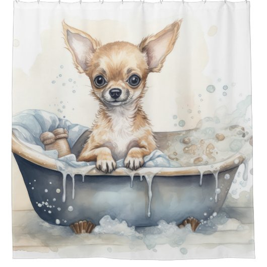 Chihuahua in der Badewanne Wasserfarben Kunst Duschvorhang (Vorderseite)