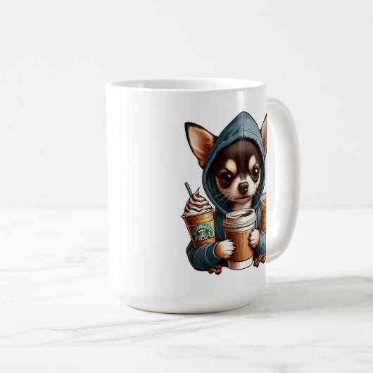 Chihuahua in Hooded Sweatshirt Holding Coffee Kaffeetasse (VorderseiteRechts)